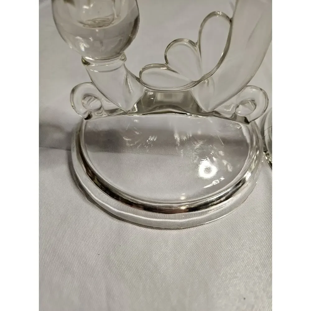 Vintage Clear Pressed Glass Double Taper Candle Holders Pair Heart Candelabra